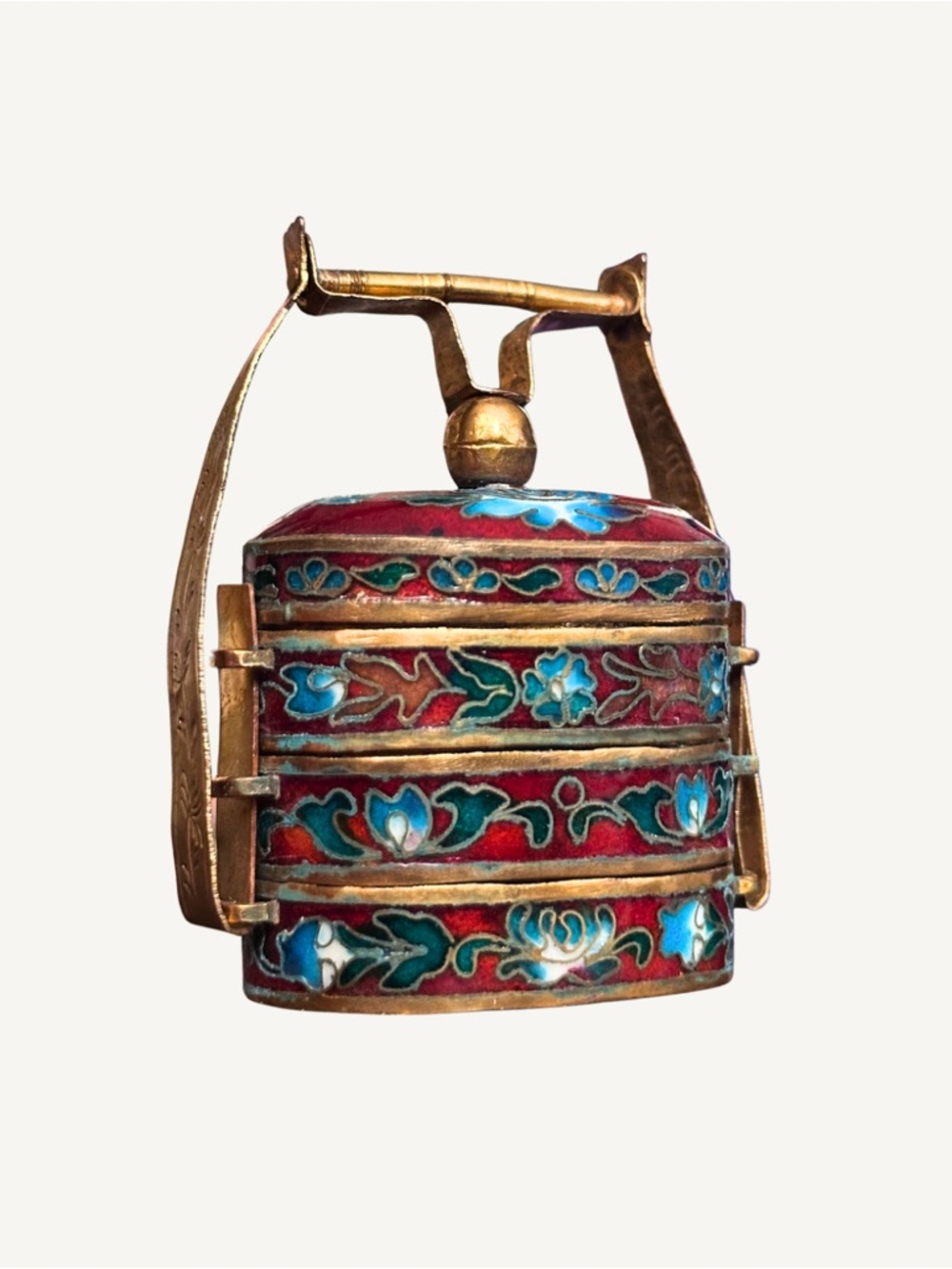 Antique Chinese Cloisonné Blue Teal Red Stacking Trinket Jewelry Pill Box - Picture 6 of 7